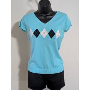 New York & Company Light Blue Argyle V-Neck Short Sleeve Sweater Top